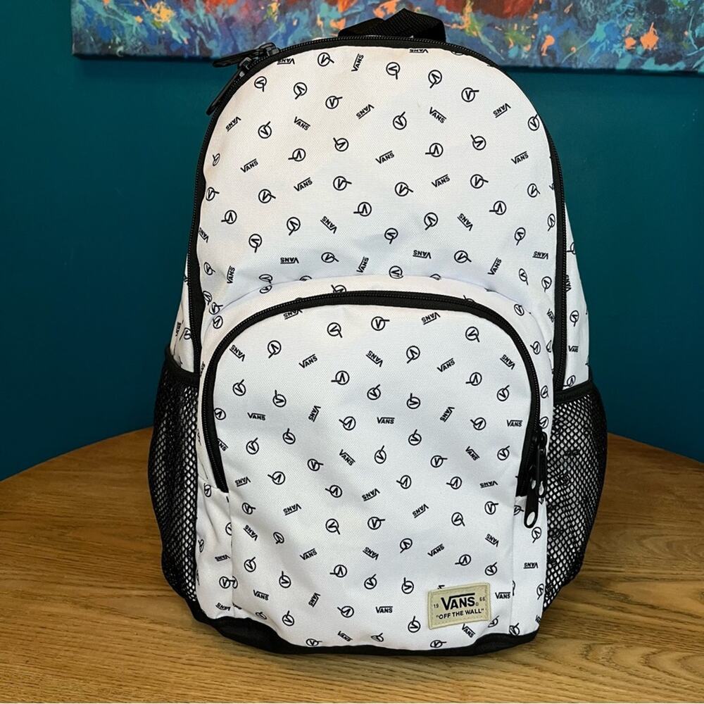 Vans Alumni All Over Logo Large Backpack School Travel Black White